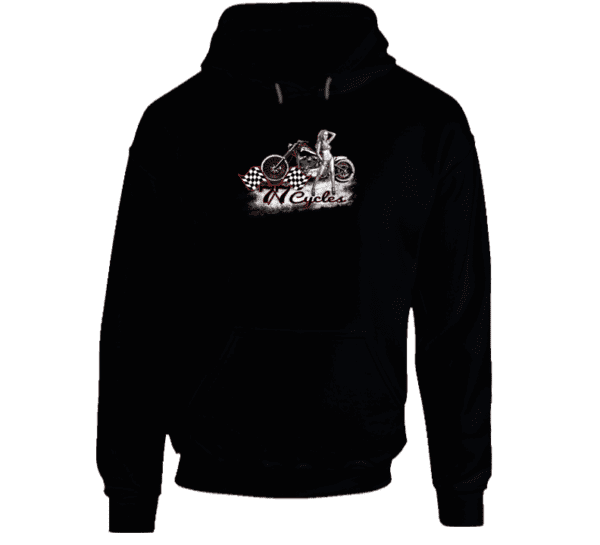 77 Cycles Biker Chick In Front Of Bike Hoodie